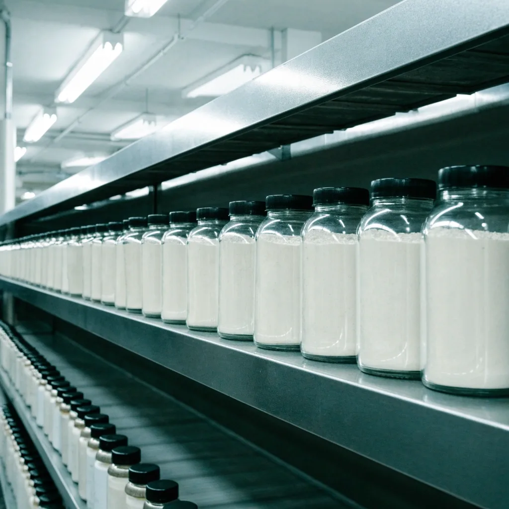 A wide row of unbranded supplement bottles on a plain apotek shelf under even overhead light