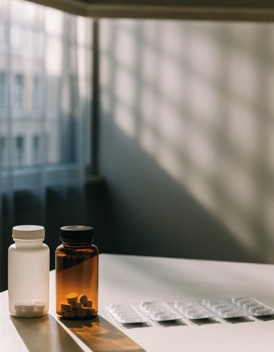 An unbranded tablet container and a few loose tablets resting on paper under cool overcast light