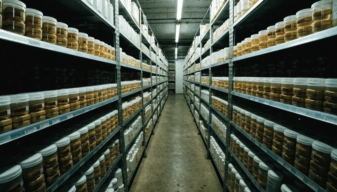 Plain apotek shelving holding rows of unbranded containers in a Jakarta stockroom