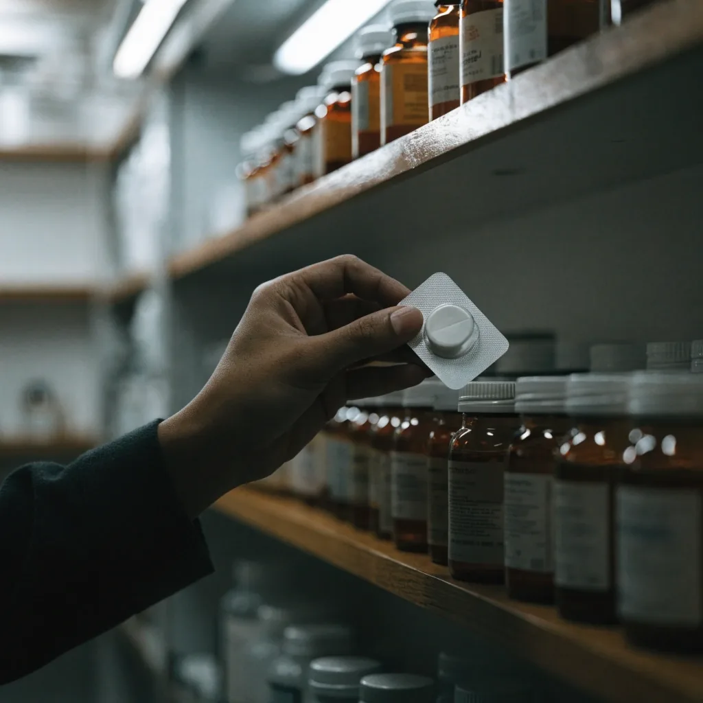 Unbranded supplement containers resting on a worn apotek counter under neutral morning light