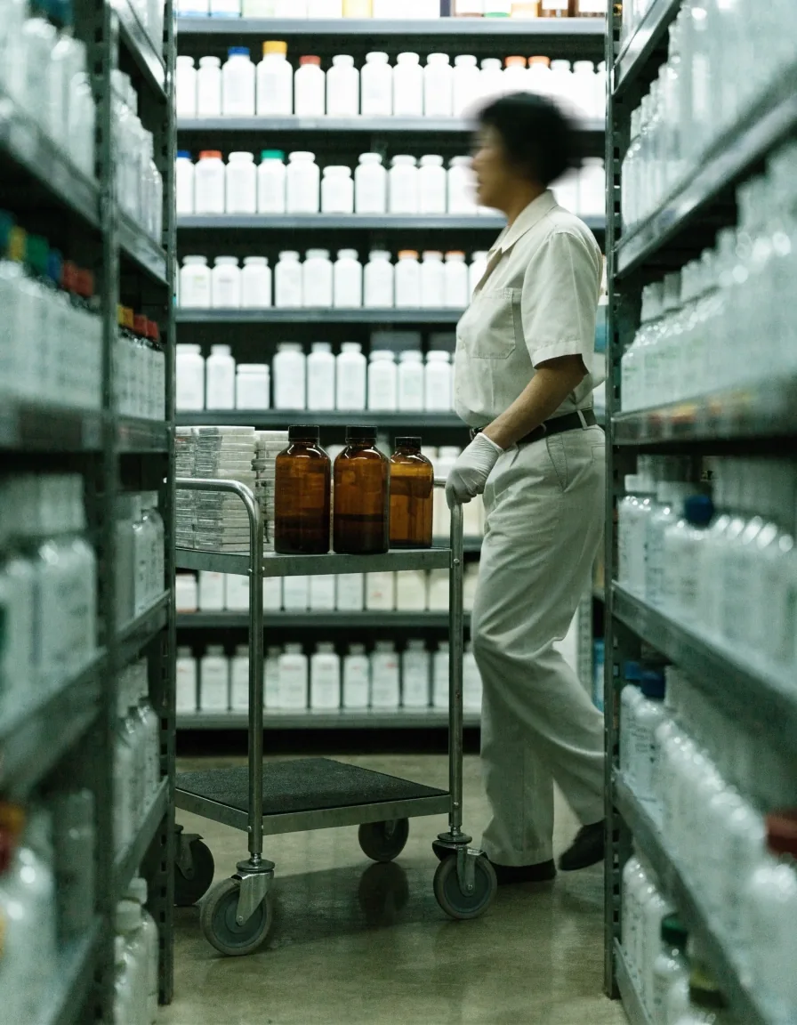 Unbranded supplement bottles and tablet containers lined up on an apotek stockroom shelf