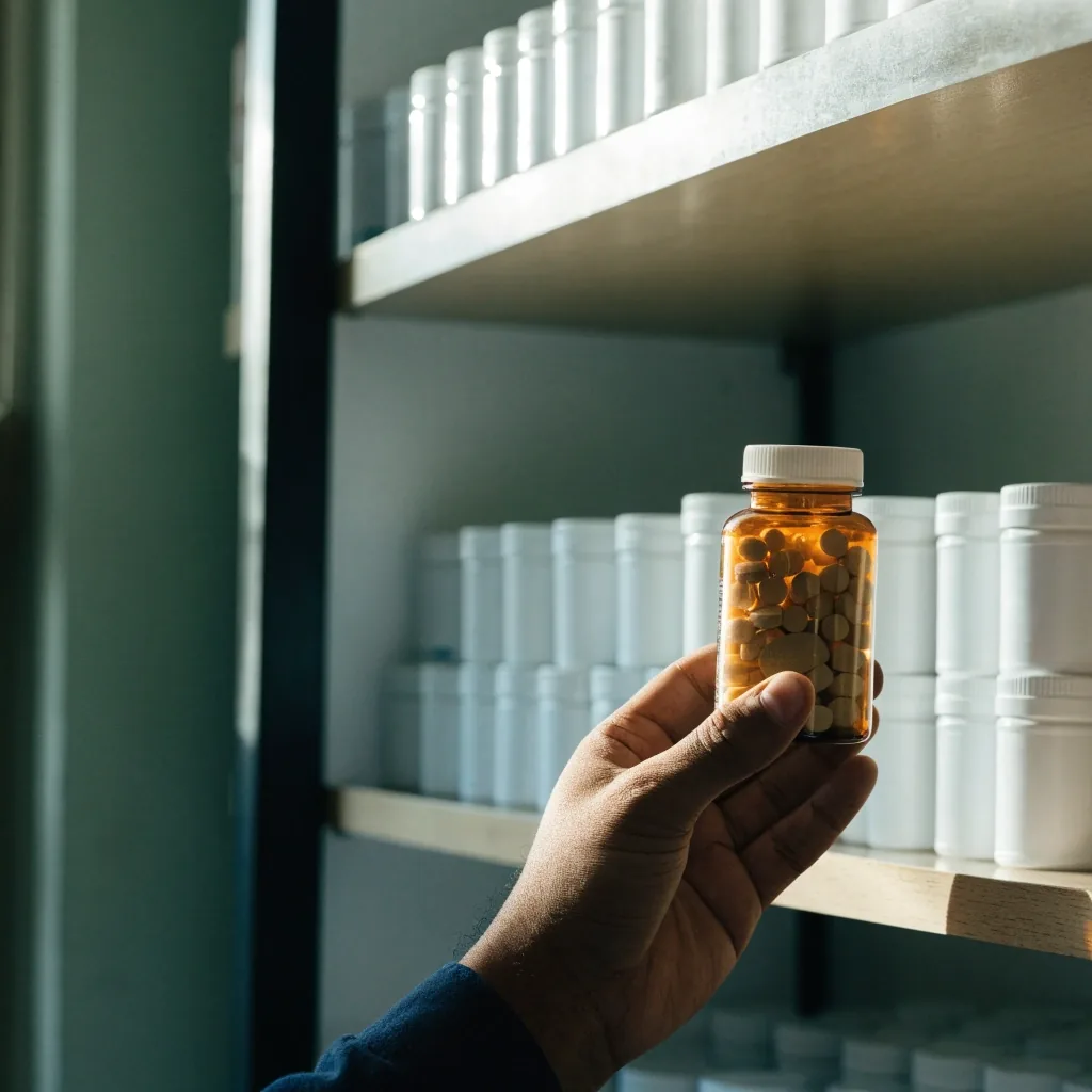 A tight crop of a supplement bottle cap among tablet blisters on a counter in flat overhead light