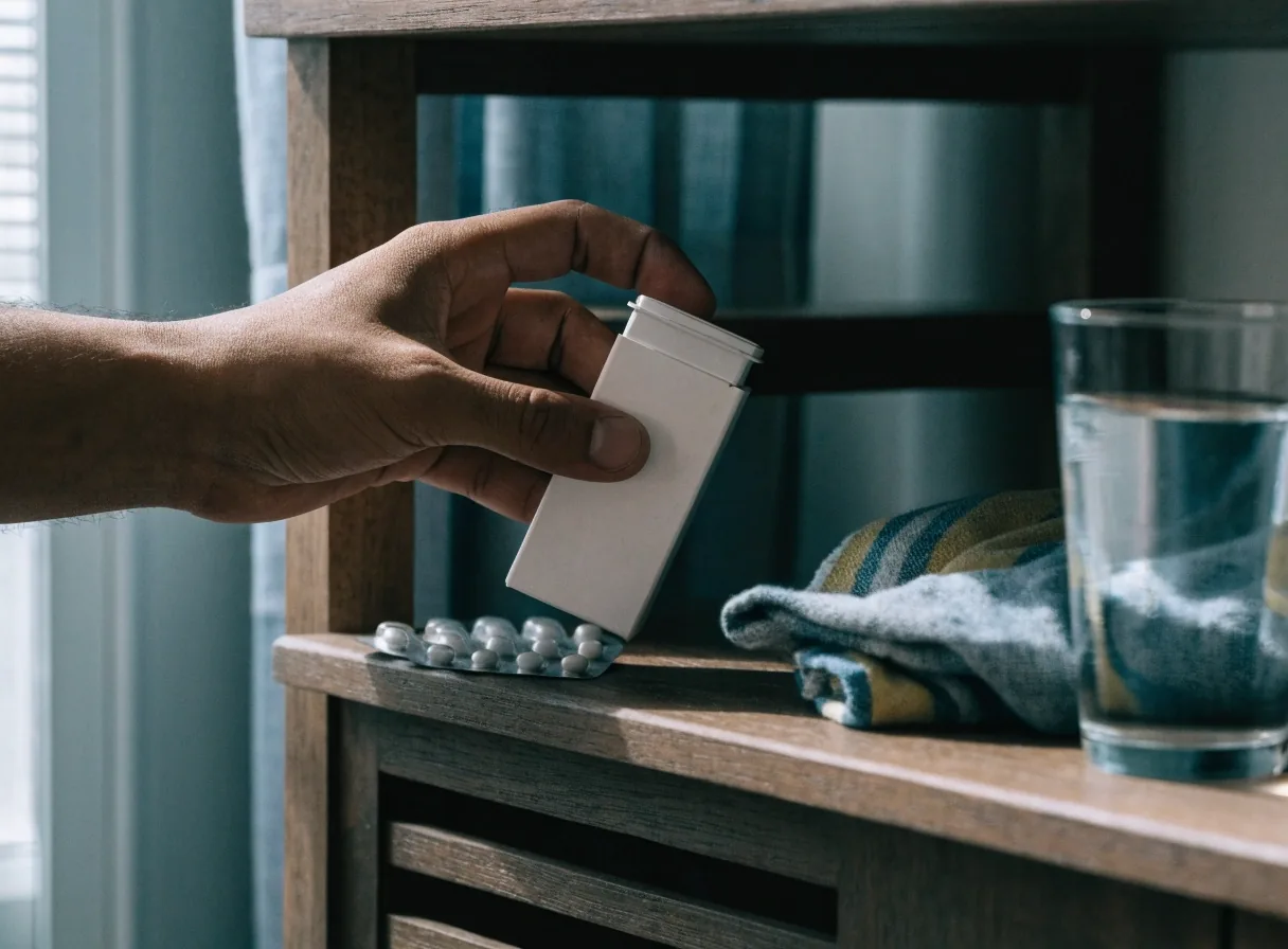 A plain white tablet container and empty capsule blisters on a kitchen counter in the morning light