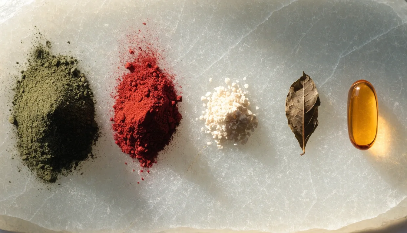 Five small piles of raw supplement ingredients arranged on matte paper, seen from above