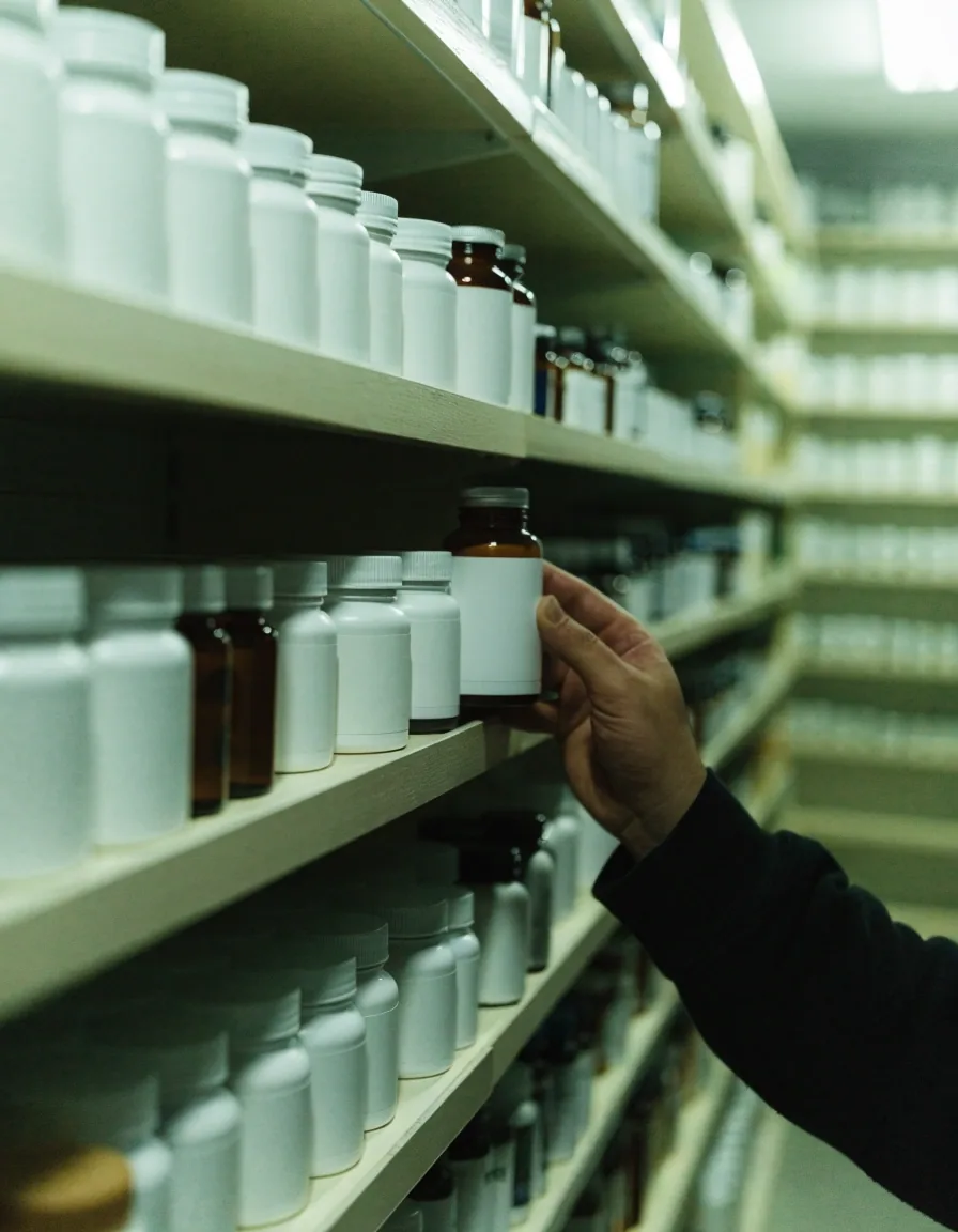 Unbranded supplement containers lined on stockroom shelving as a hand reaches for one